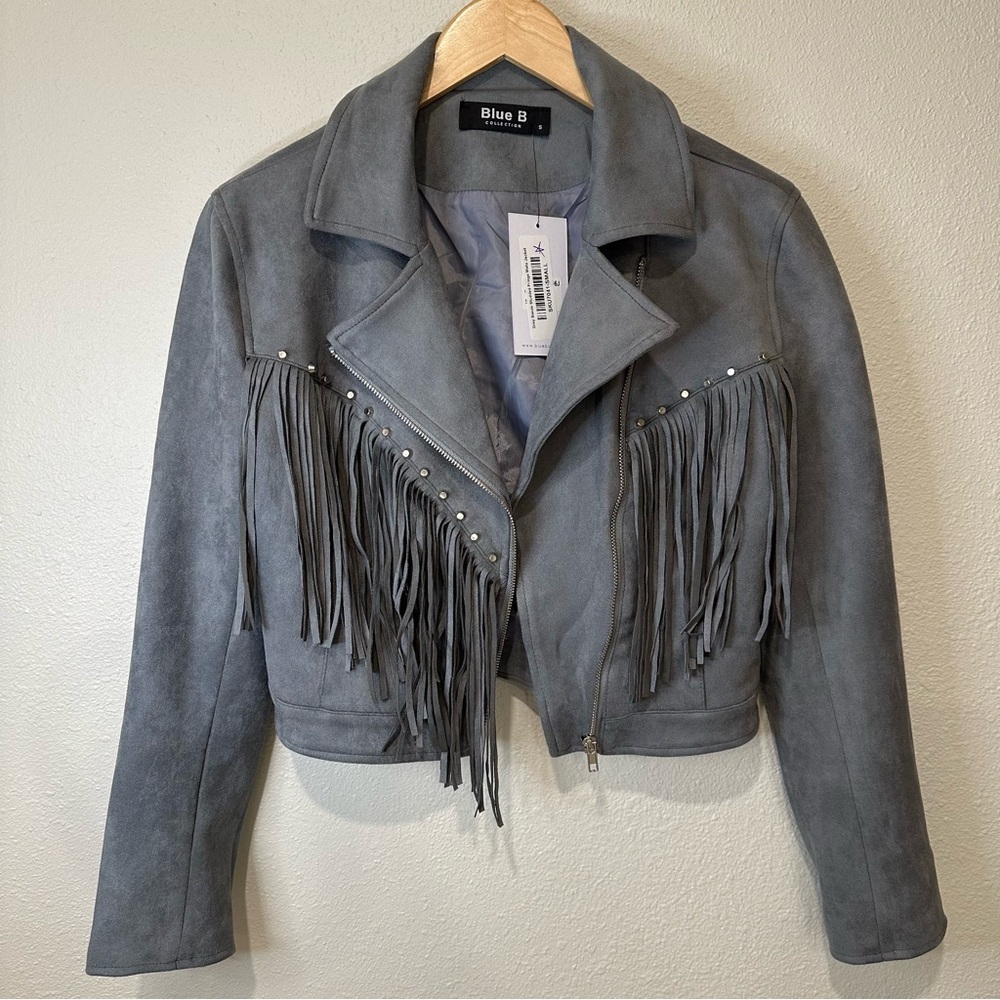 **NWT** Blue B Collection Faux Suede Women's Gray Fringe Jacket - Picture 5 of 15